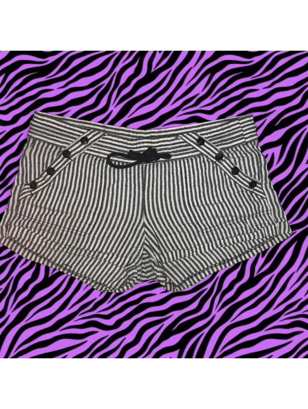 Rewind Y2k white and black striped shorts with button details